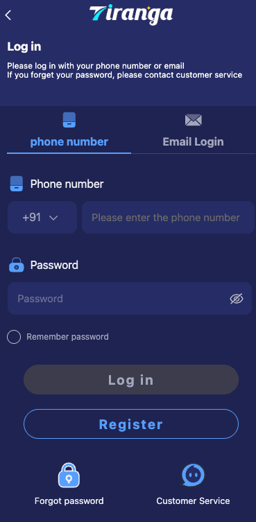 Tiranga App Login via Phone Number